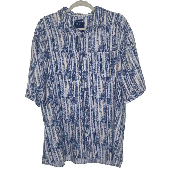Trust Linen Blend Button-Up Shirt Mens XL Blue Striped Short Sleeve Lightweight‎ - Picture 2 of 10